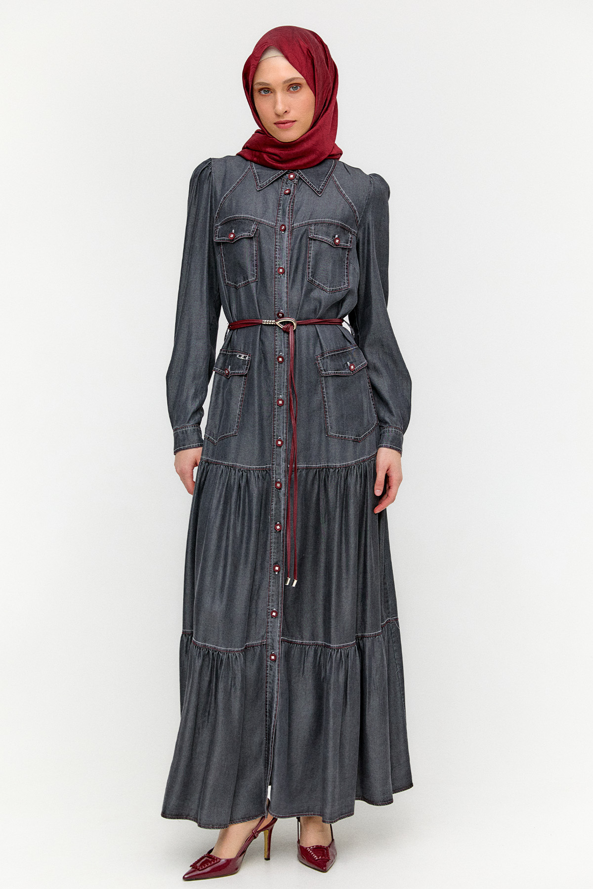 Punto Dikişli Denim Elbise, Tesettür Giyim