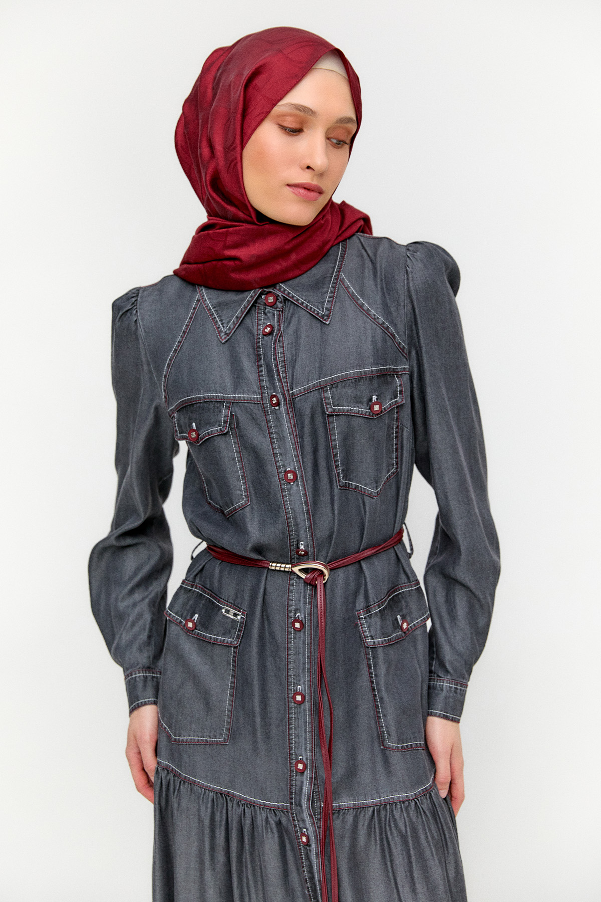 Punto Dikişli Denim Elbise, Tesettür Giyim