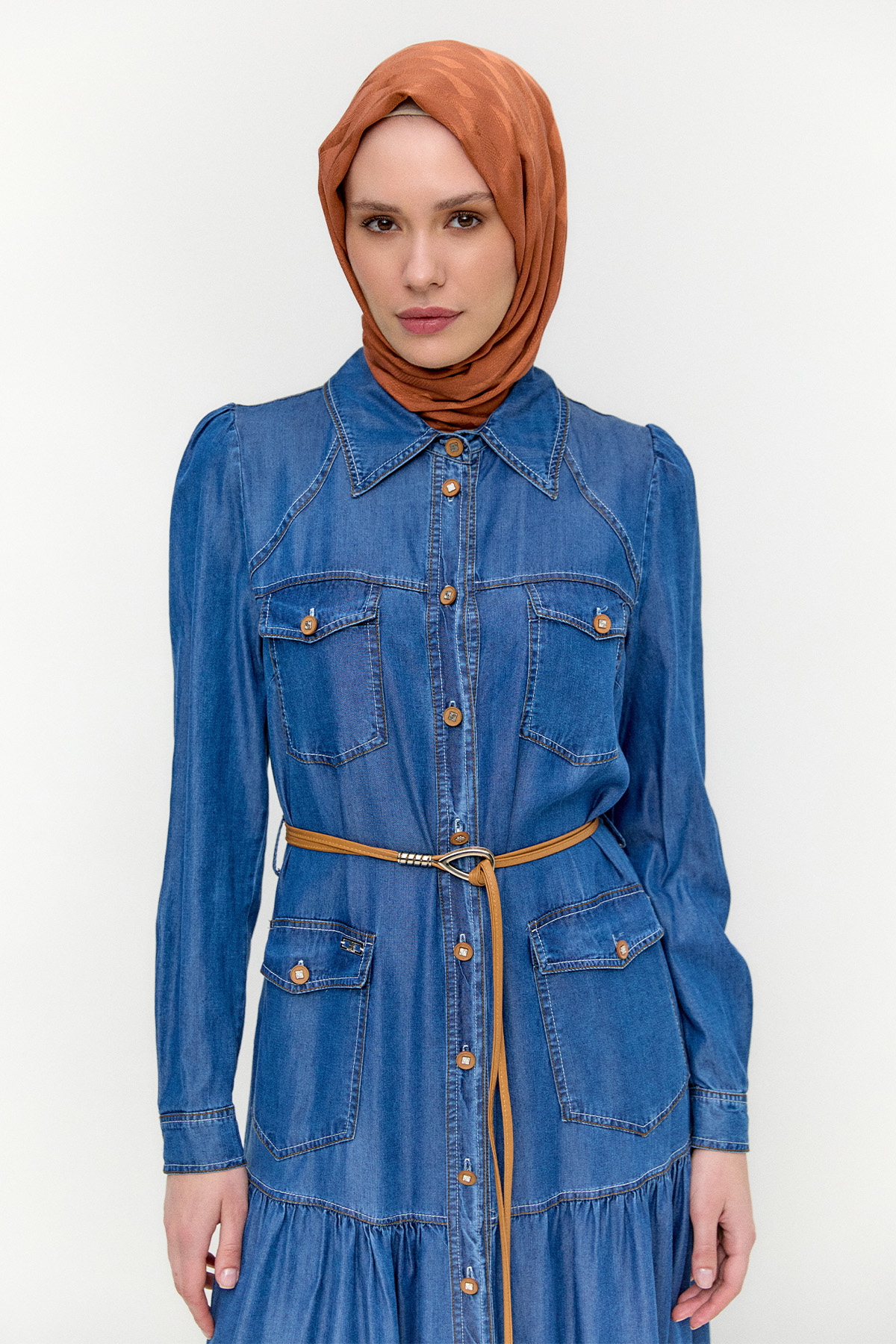 Punto Dikişli Denim Elbise, Tesettür Giyim