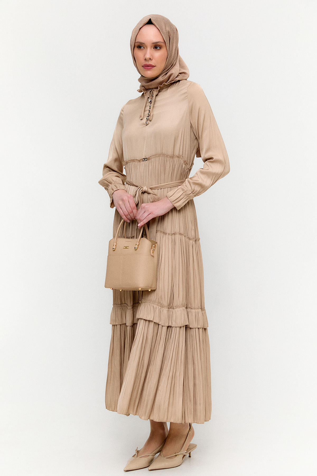 Büzgülü Saten Elbise, Tesettür Giyim
