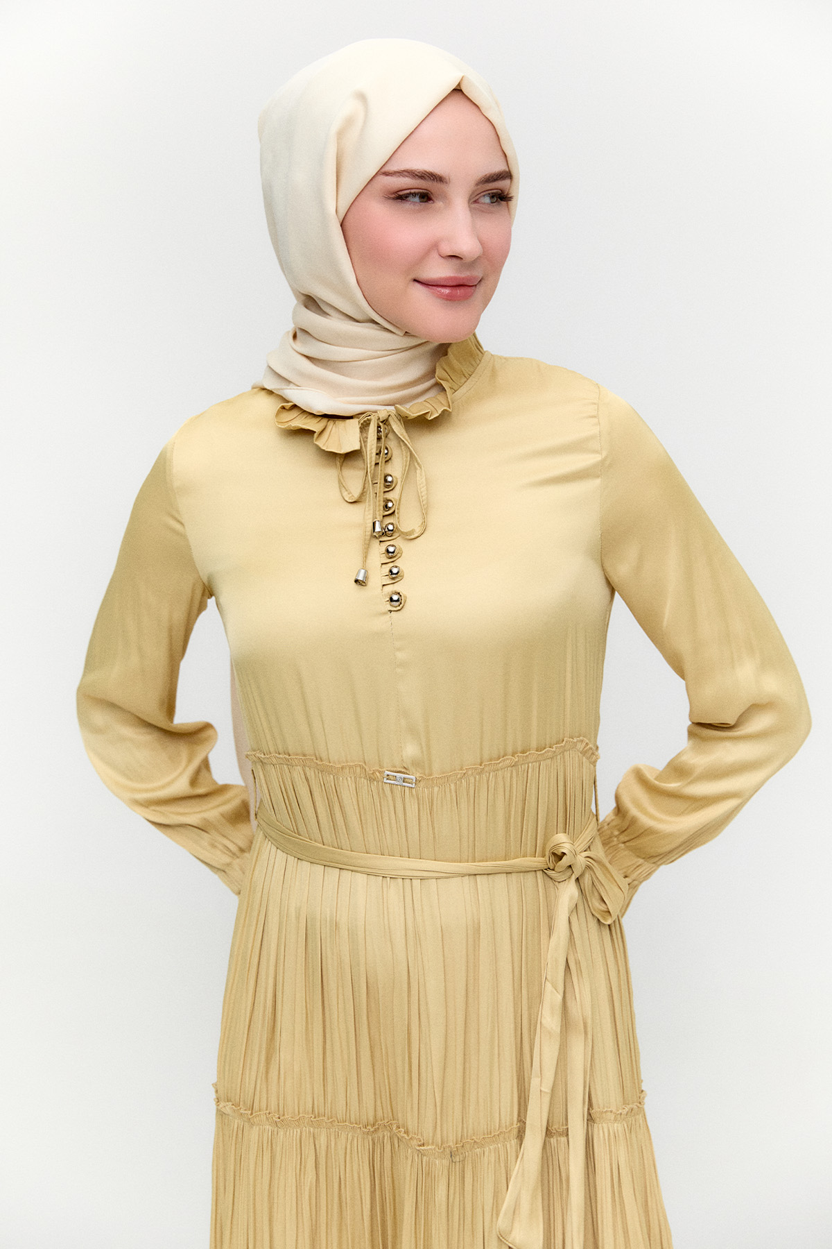 Büzgülü Saten Elbise, Tesettür Giyim