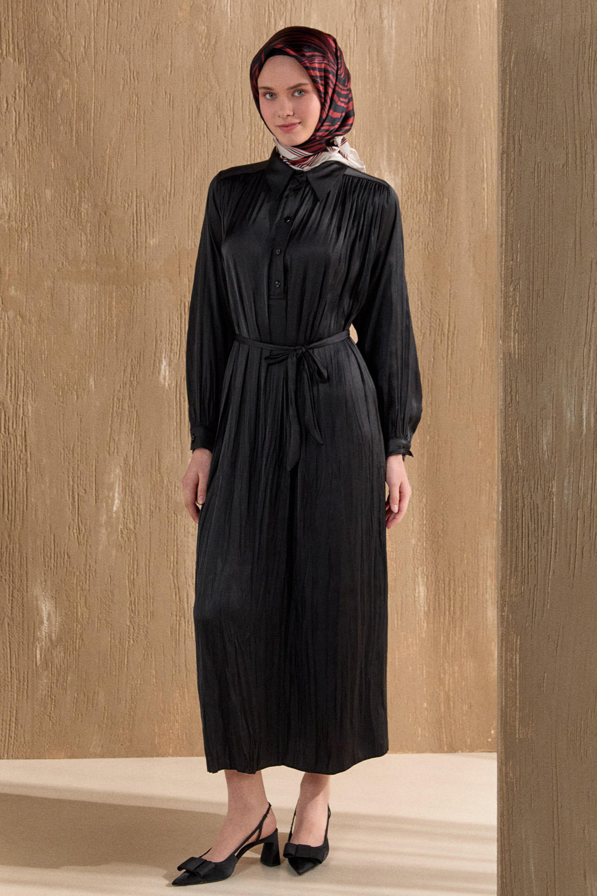 Kırışık Efektli Kuşaklı Elbise, Tesettür Giyim