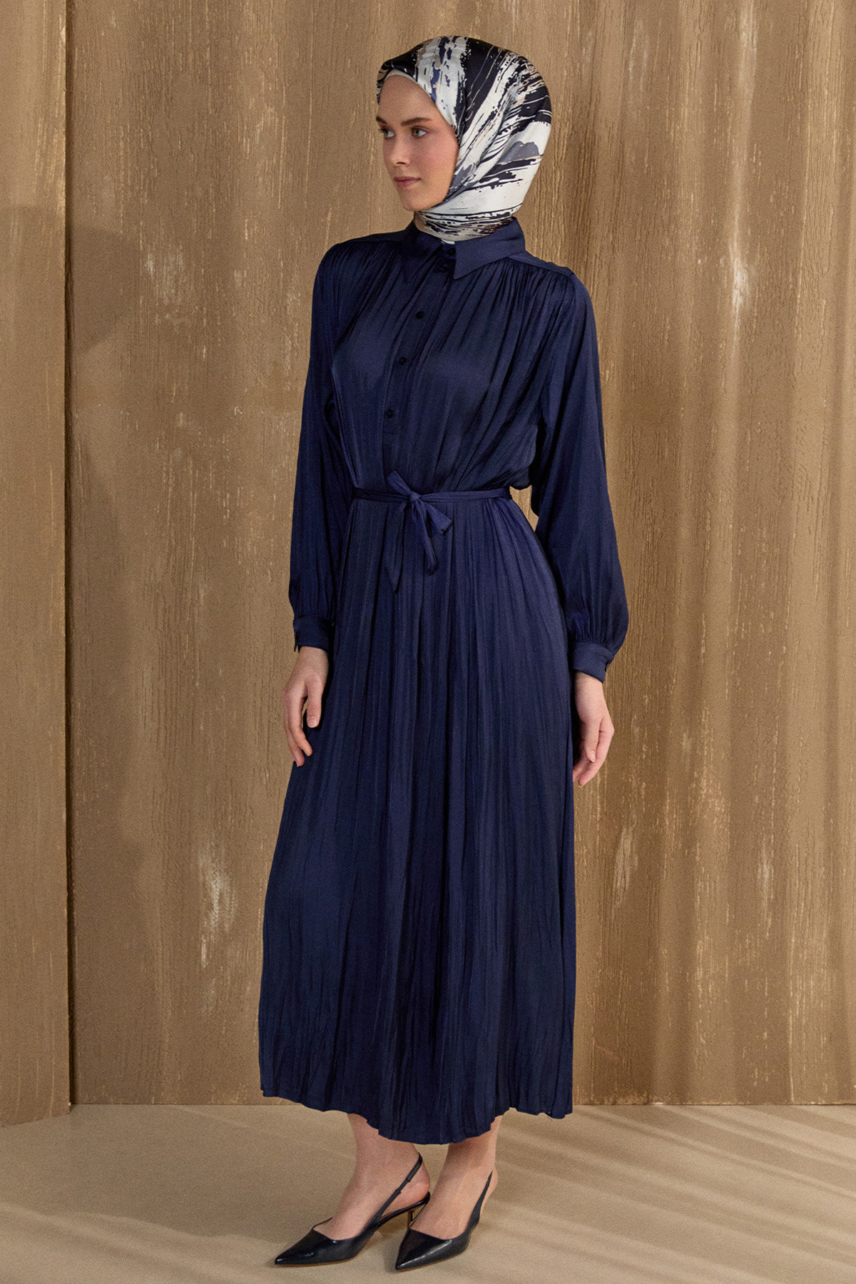 Kırışık Efektli Kuşaklı Elbise, Tesettür Giyim