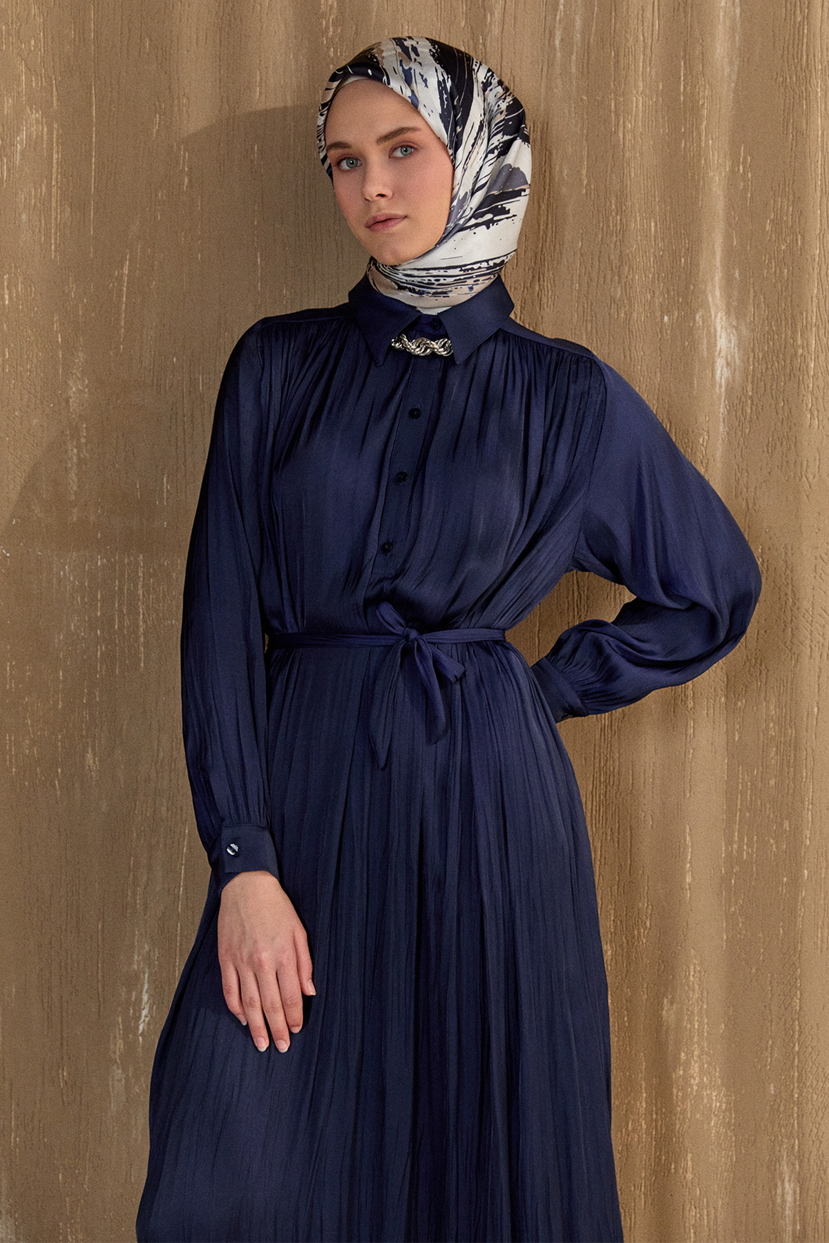 Kırışık Efektli Kuşaklı Elbise, Tesettür Giyim