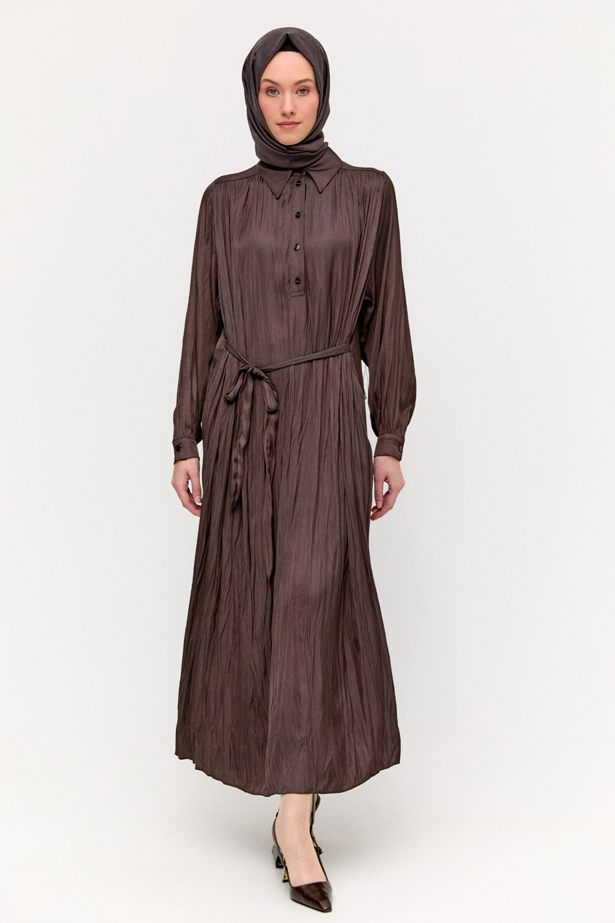 Kırışık Efektli Kuşaklı Elbise, Tesettür Giyim