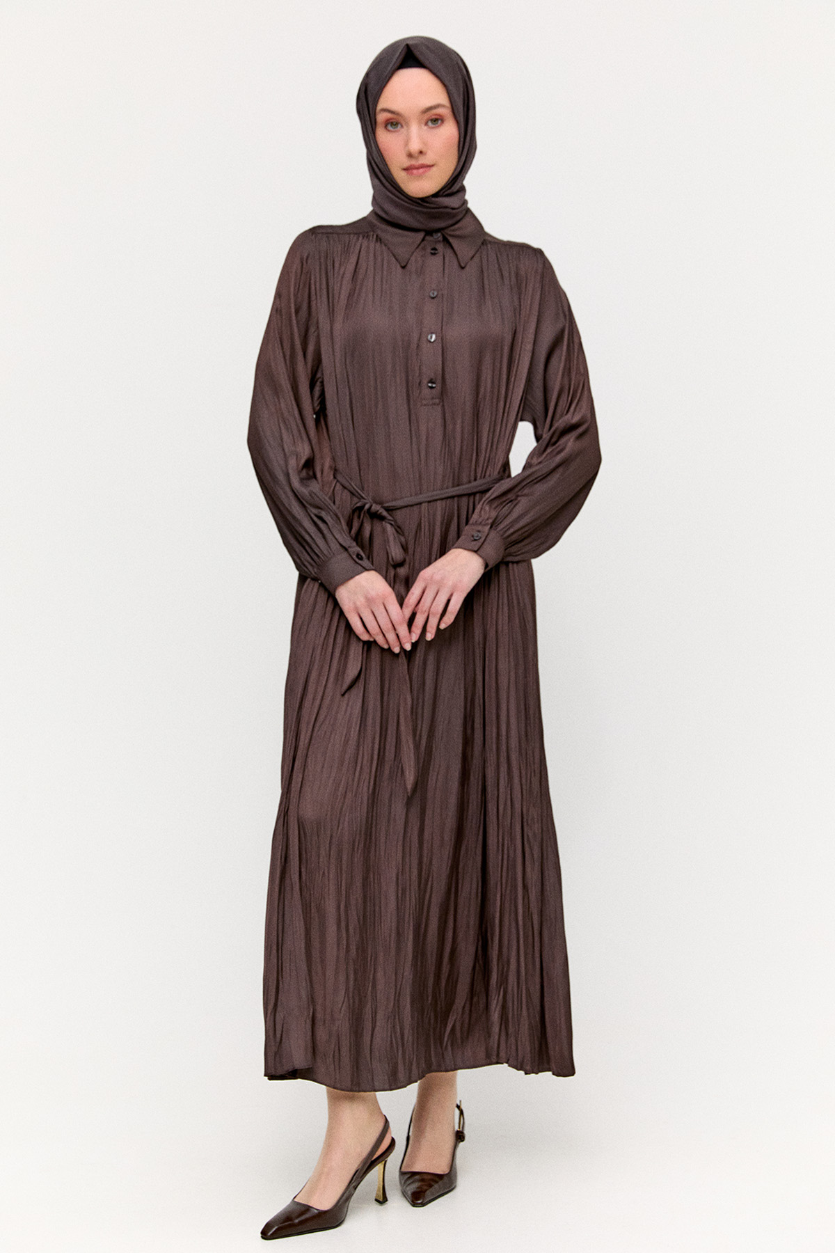 Kırışık Efektli Kuşaklı Elbise, Tesettür Giyim