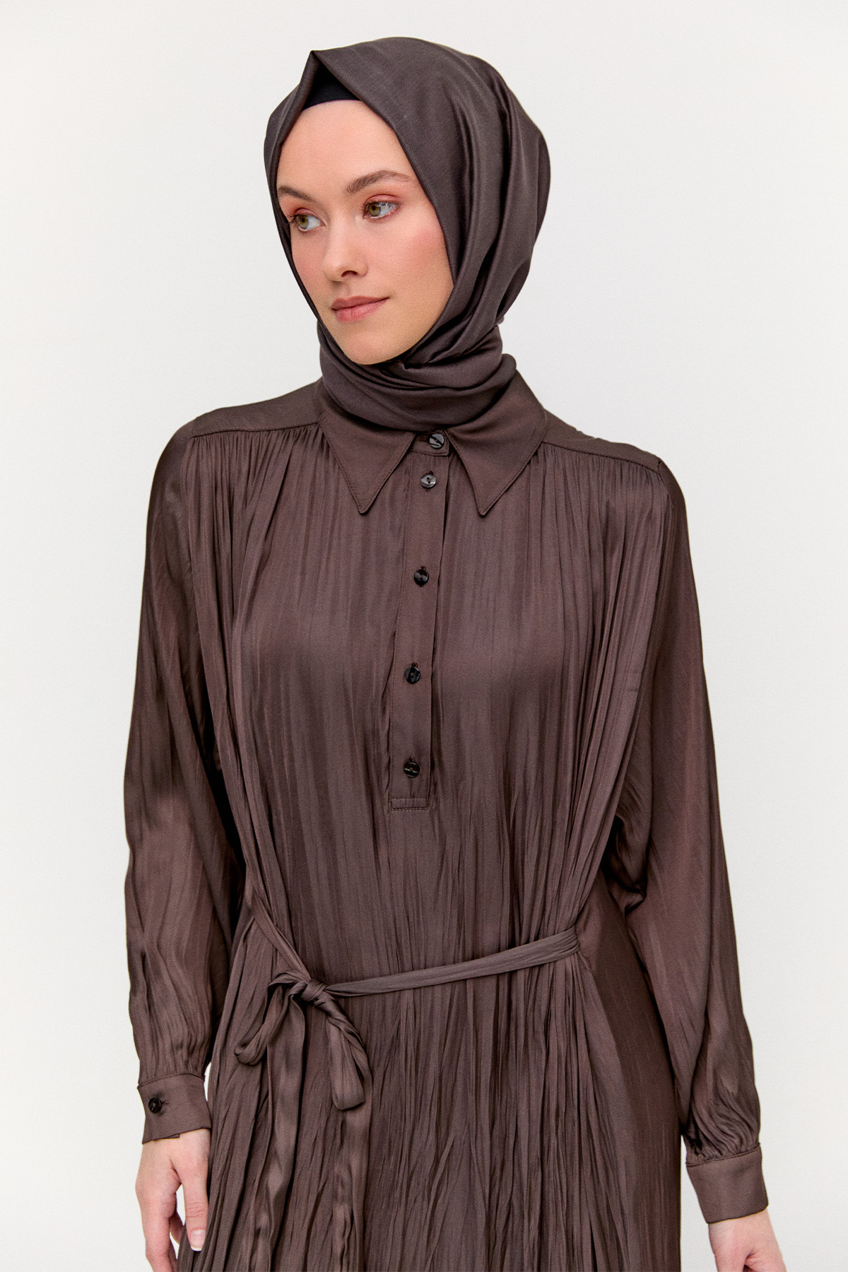 Kırışık Efektli Kuşaklı Elbise, Tesettür Giyim