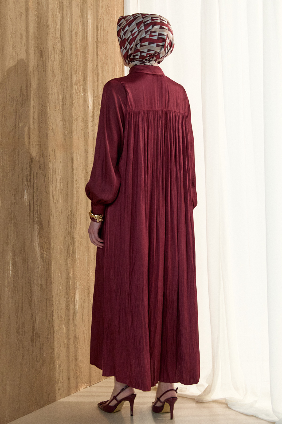 Kırışık Efektli Kuşaklı Elbise, Tesettür Giyim