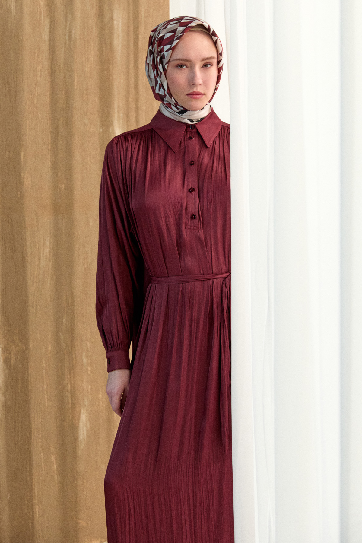 Kırışık Efektli Kuşaklı Elbise, Tesettür Giyim