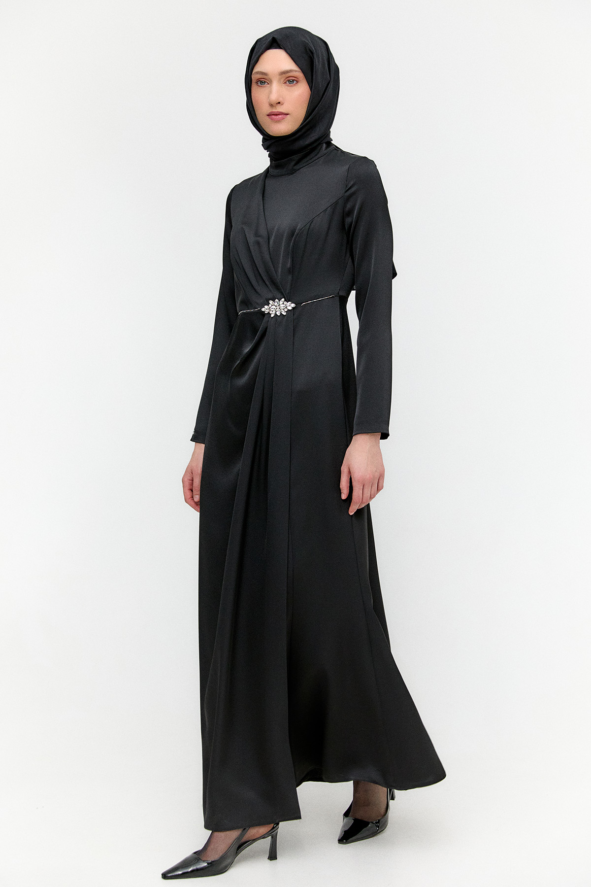 Drapeli Taşlı Saten Elbise, Tesettür Giyim