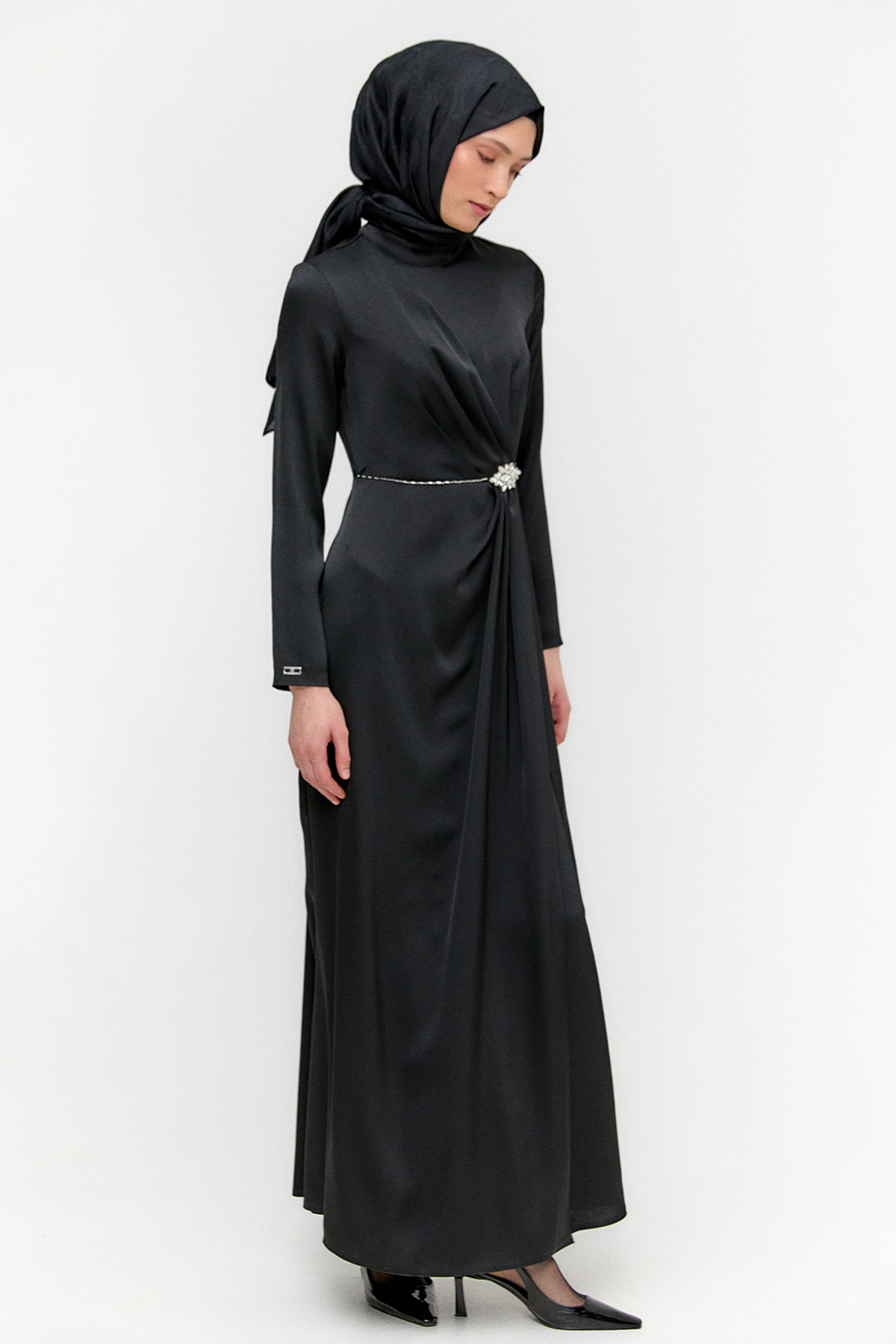 Drapeli Taşlı Saten Elbise, Tesettür Giyim