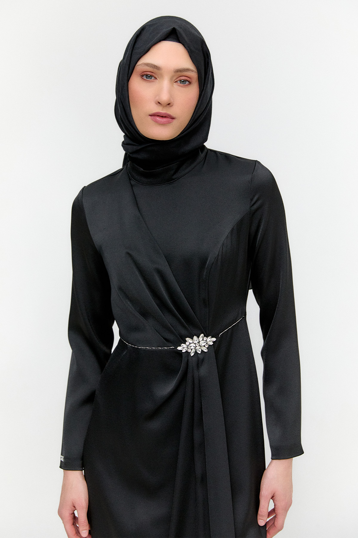 Drapeli Taşlı Saten Elbise, Tesettür Giyim