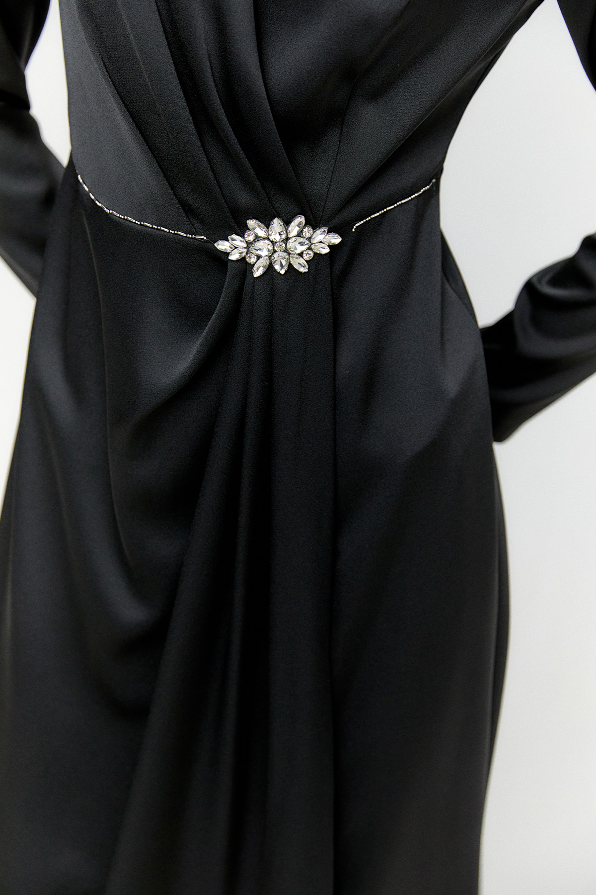 Drapeli Taşlı Saten Elbise, Tesettür Giyim