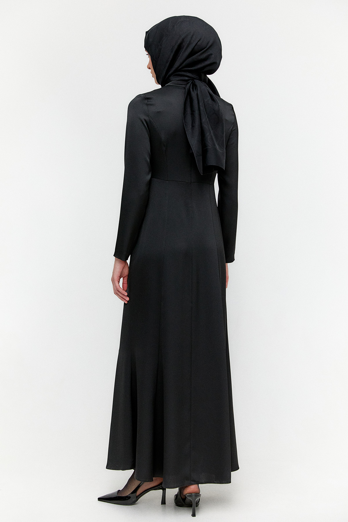 Drapeli Taşlı Saten Elbise, Tesettür Giyim