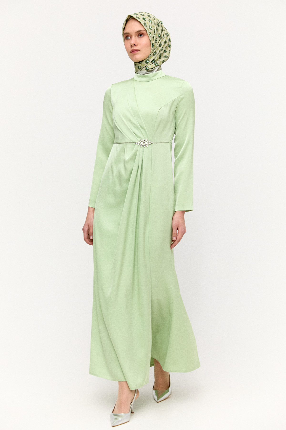 Drapeli Taşlı Saten Elbise, Tesettür Giyim