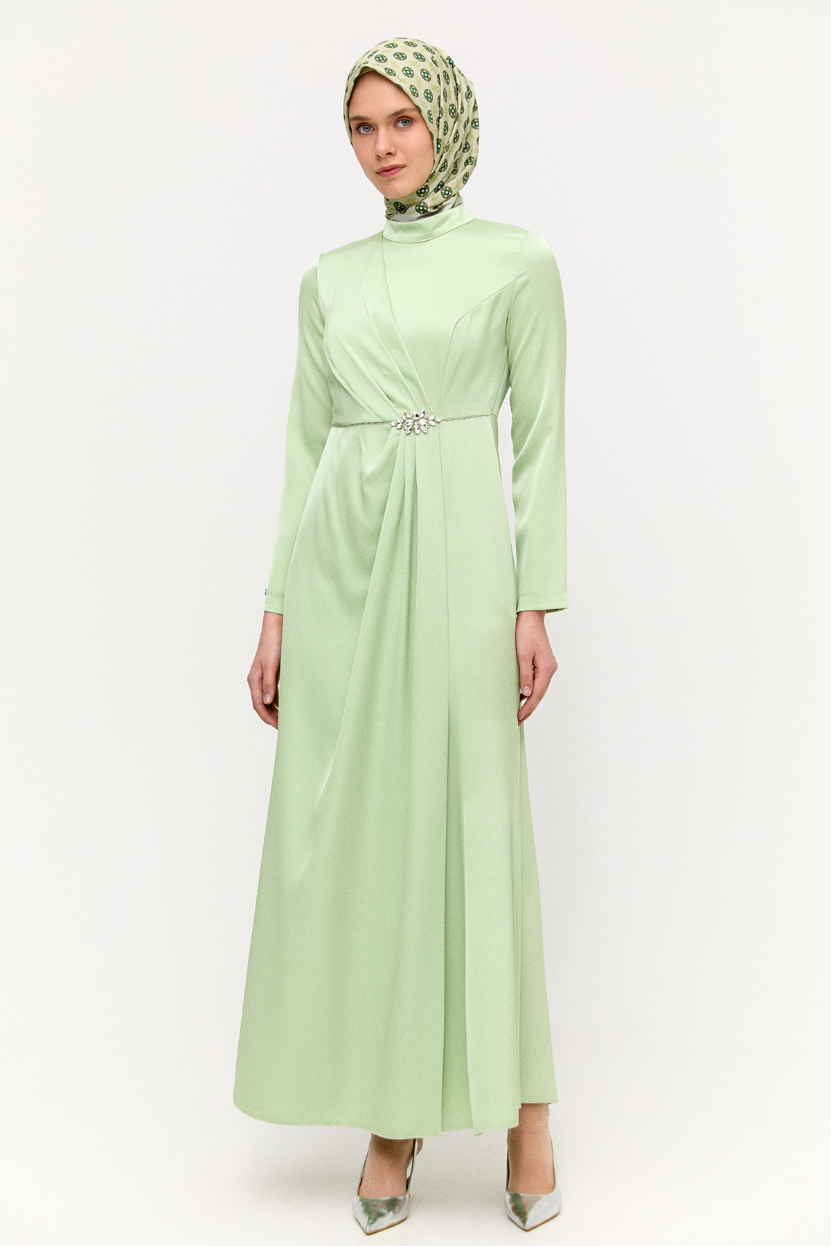 Drapeli Taşlı Saten Elbise, Tesettür Giyim