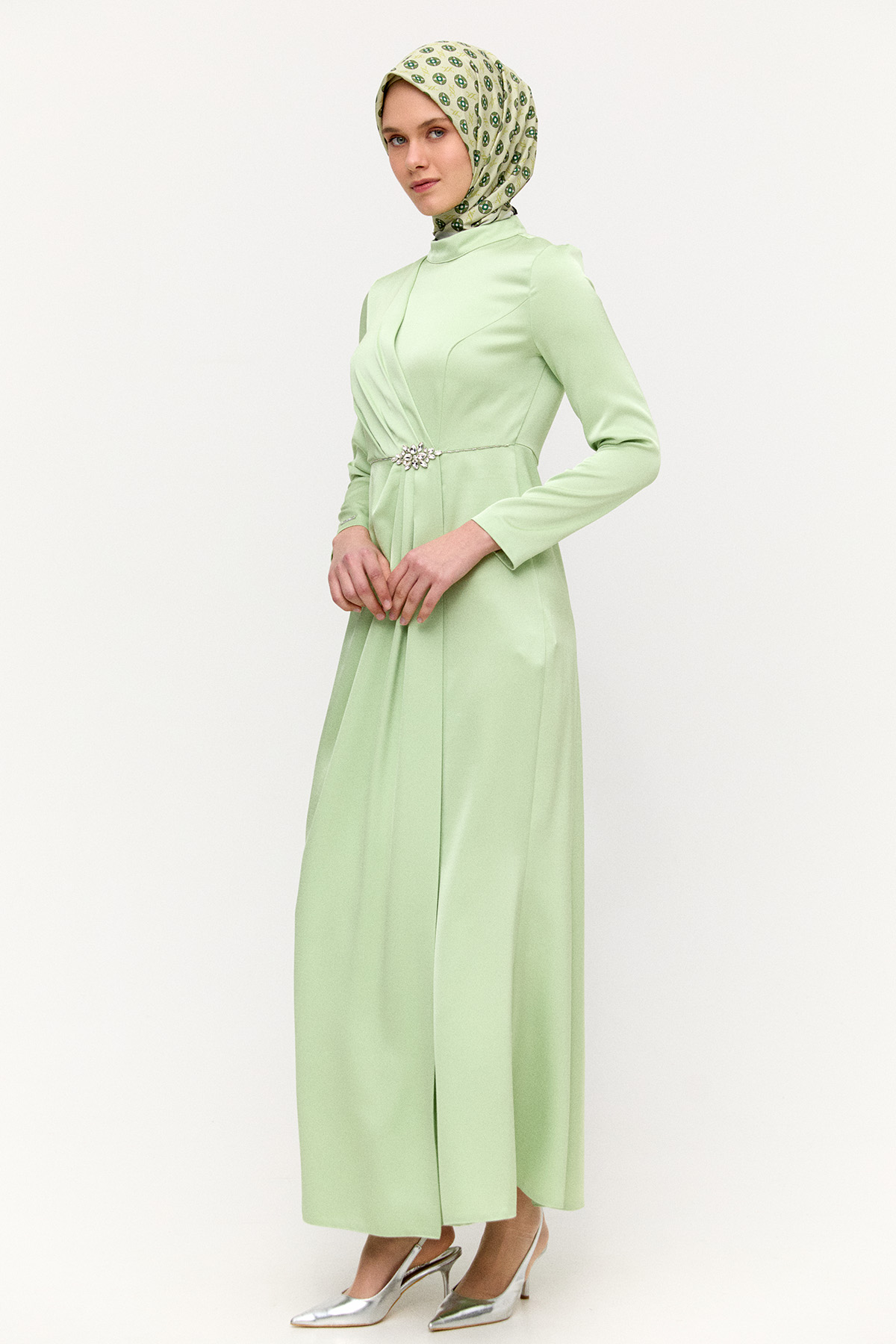 Drapeli Taşlı Saten Elbise, Tesettür Giyim