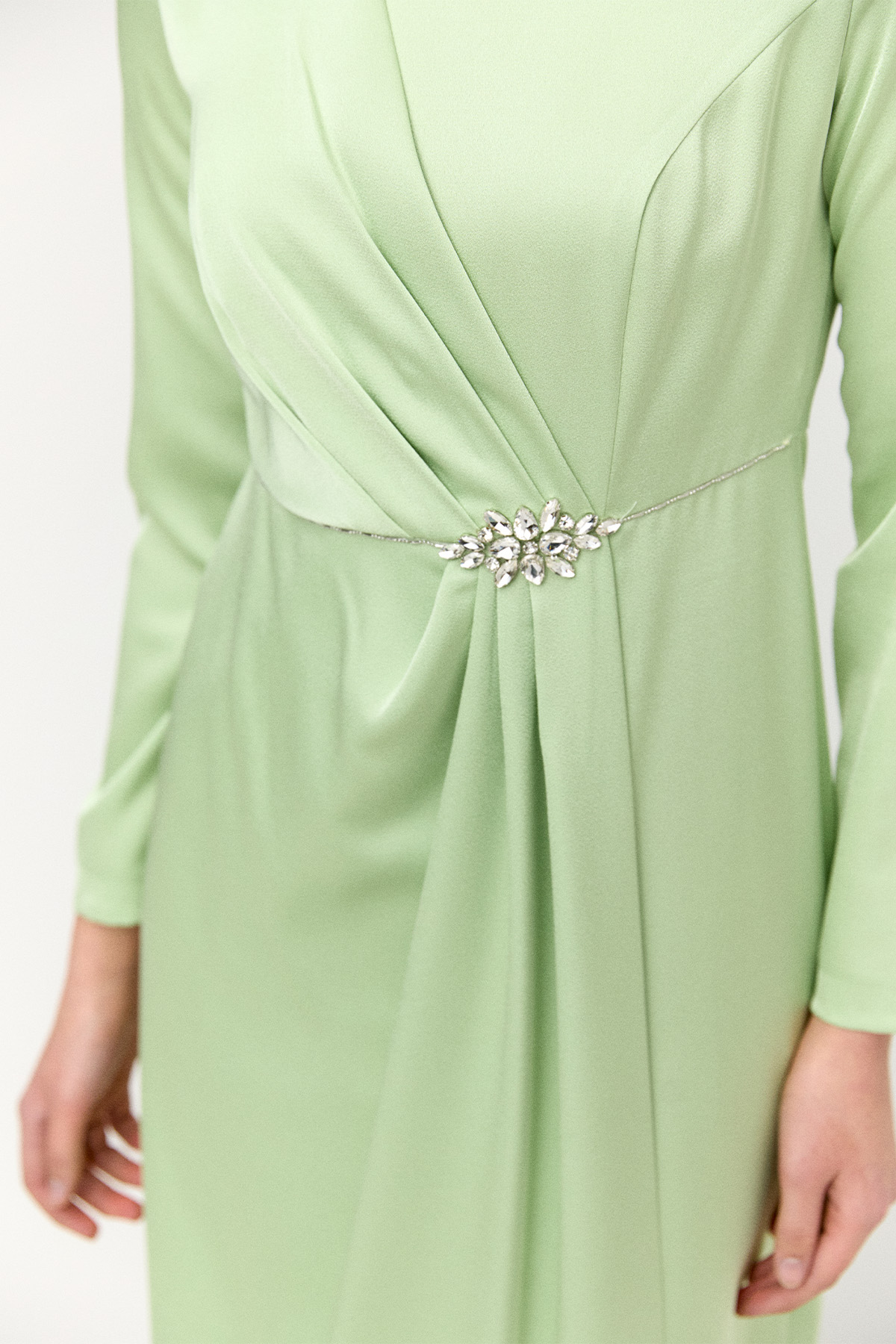 Drapeli Taşlı Saten Elbise, Tesettür Giyim