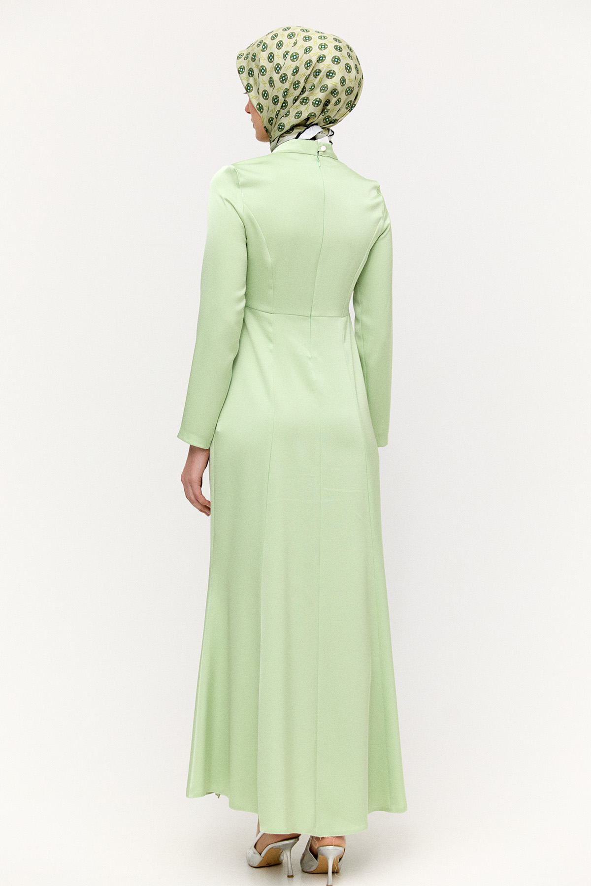 Drapeli Taşlı Saten Elbise, Tesettür Giyim