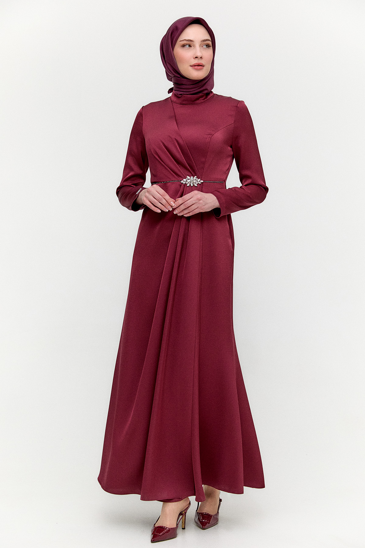 Drapeli Taşlı Saten Elbise, Tesettür Giyim