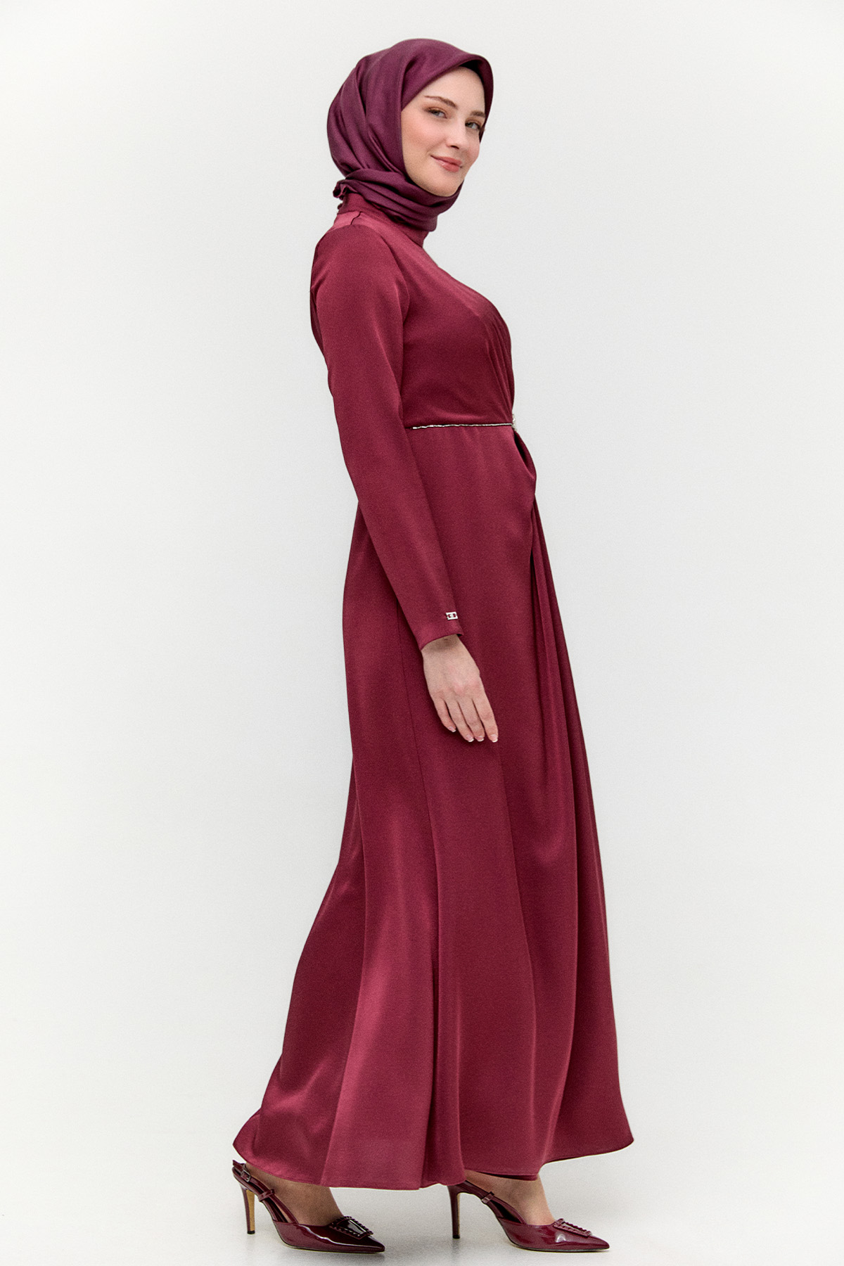 Drapeli Taşlı Saten Elbise, Tesettür Giyim