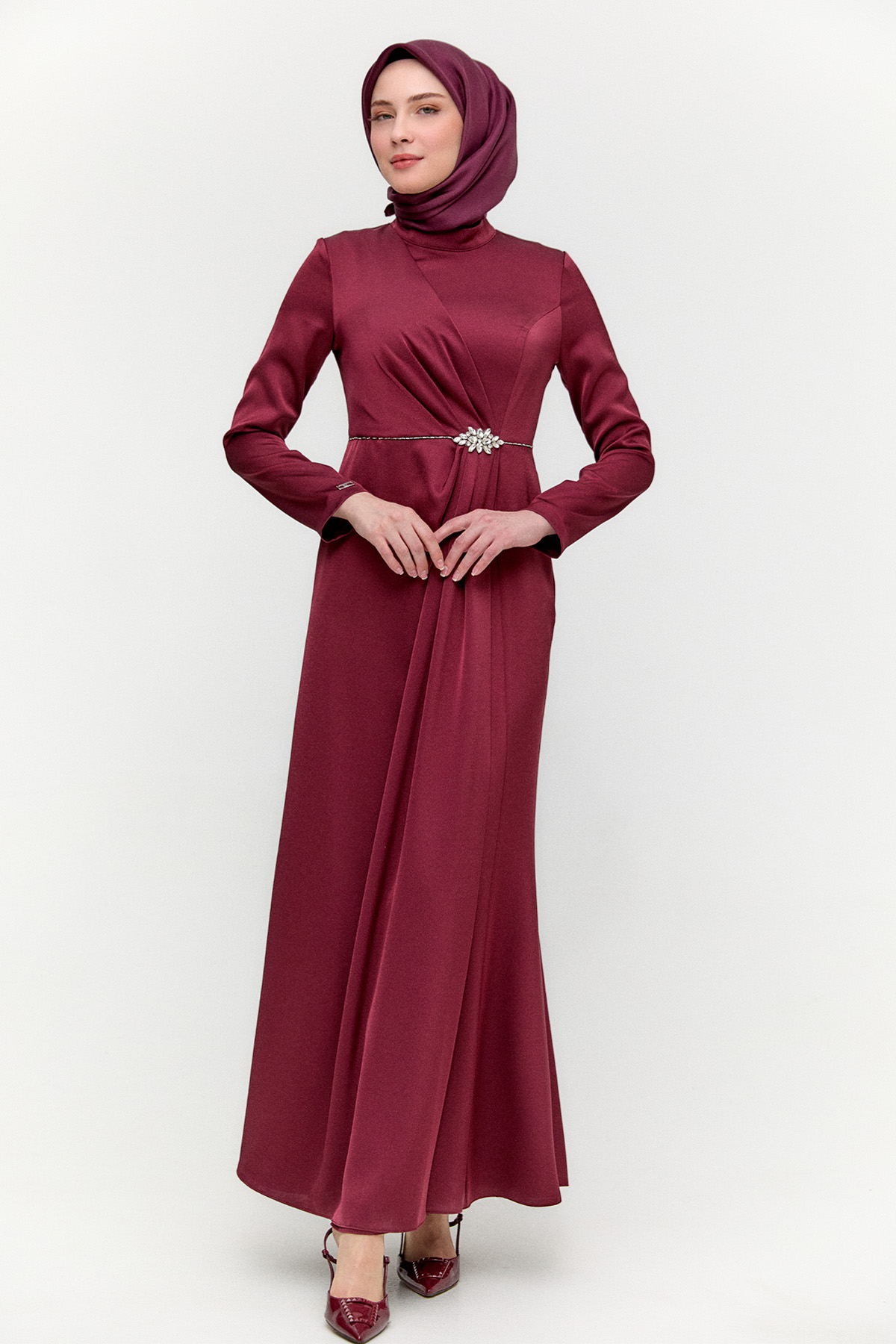 Drapeli Taşlı Saten Elbise, Tesettür Giyim