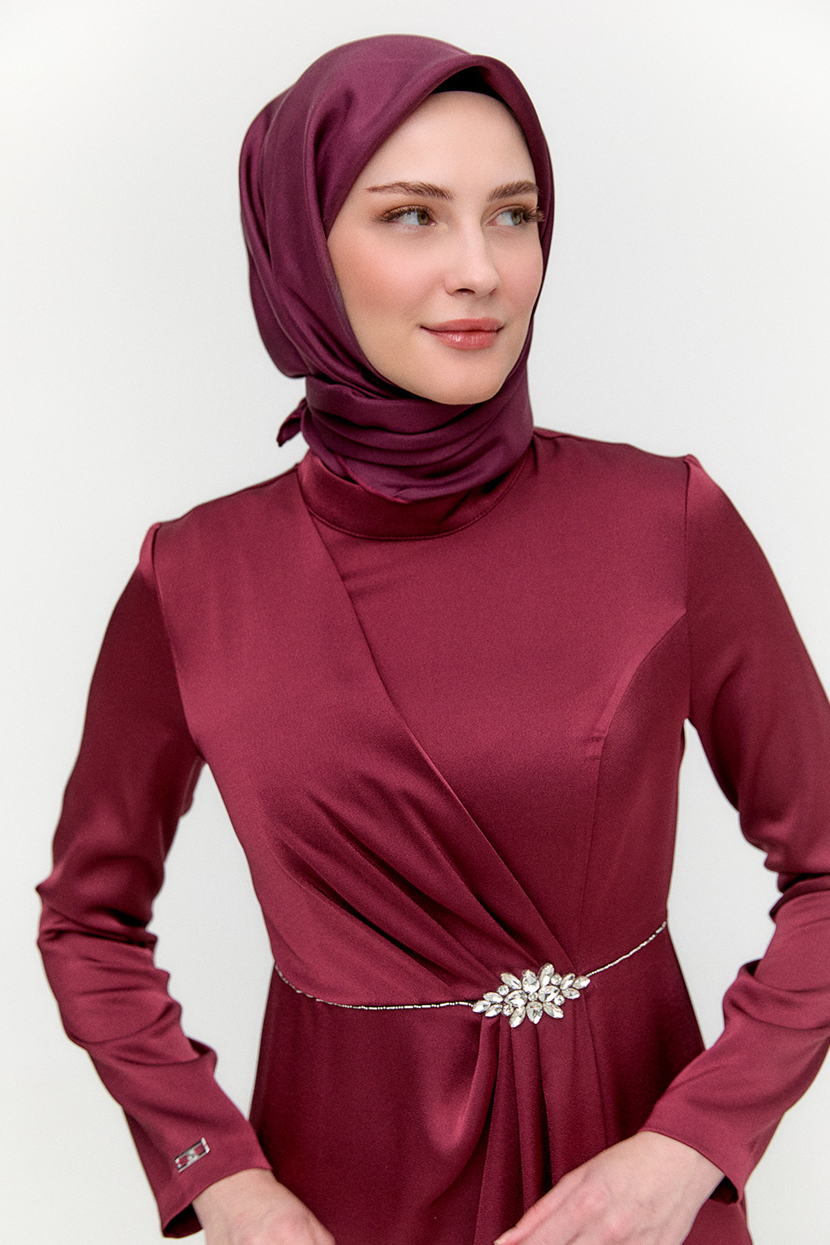Drapeli Taşlı Saten Elbise, Tesettür Giyim