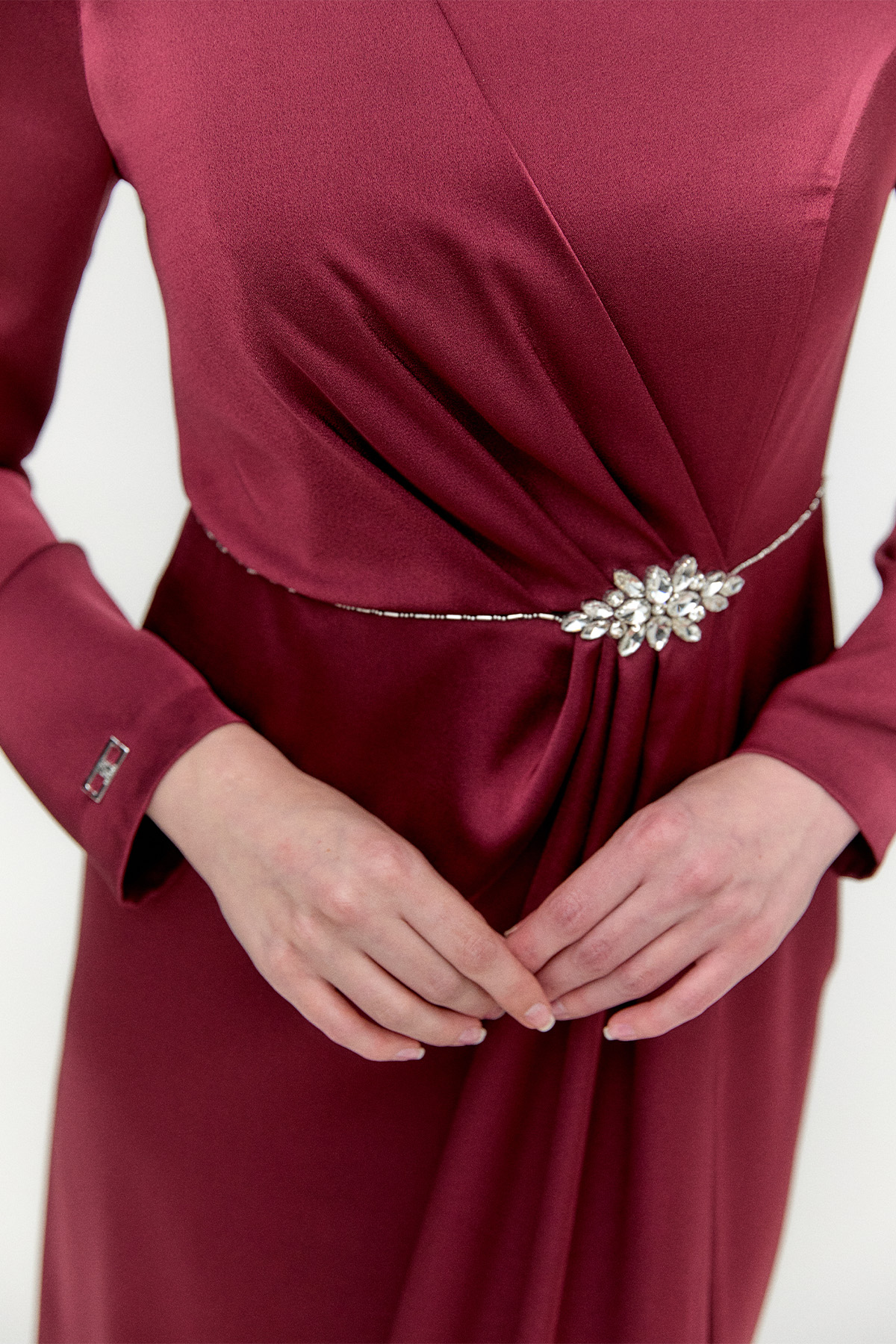 Drapeli Taşlı Saten Elbise, Tesettür Giyim