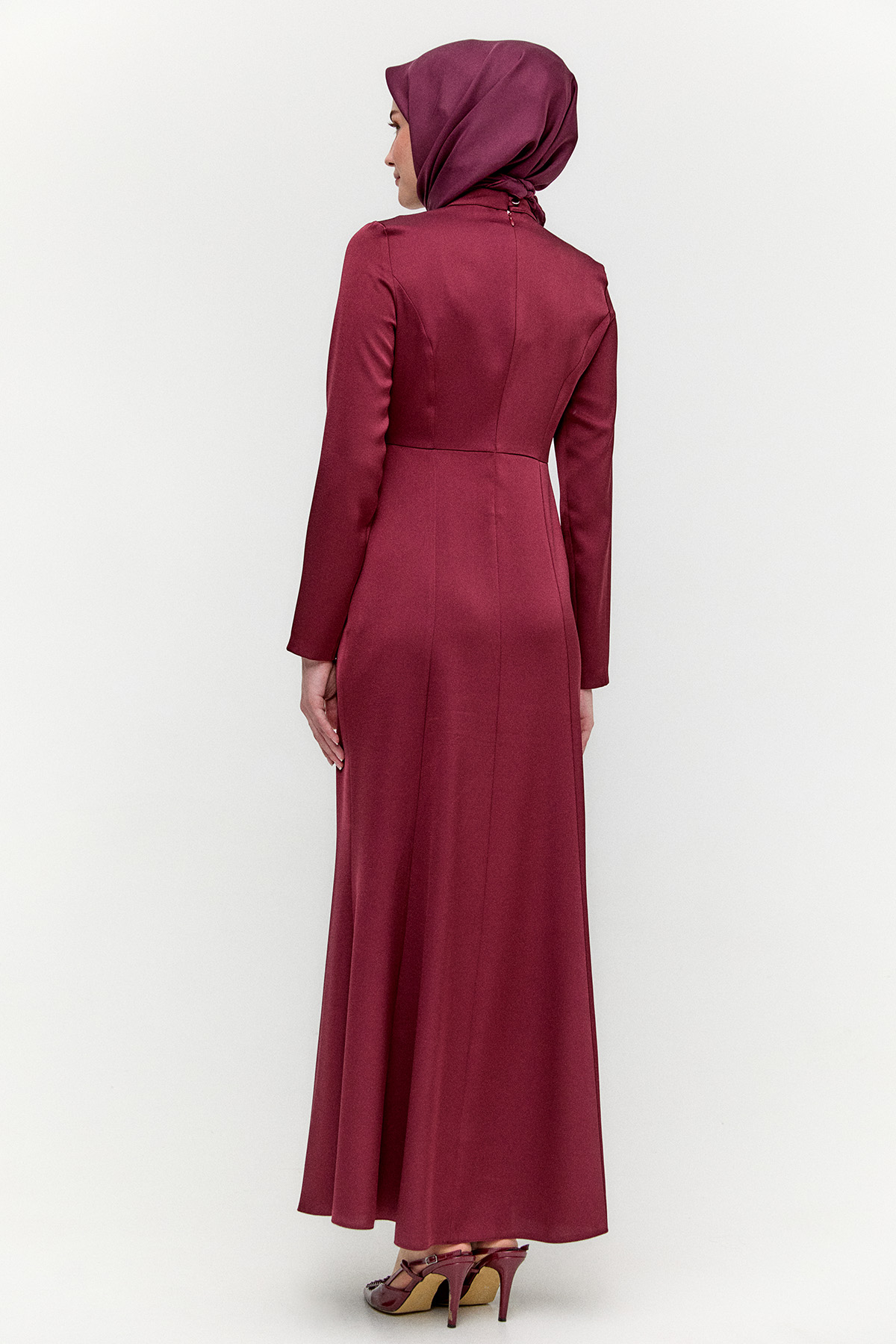 Drapeli Taşlı Saten Elbise, Tesettür Giyim