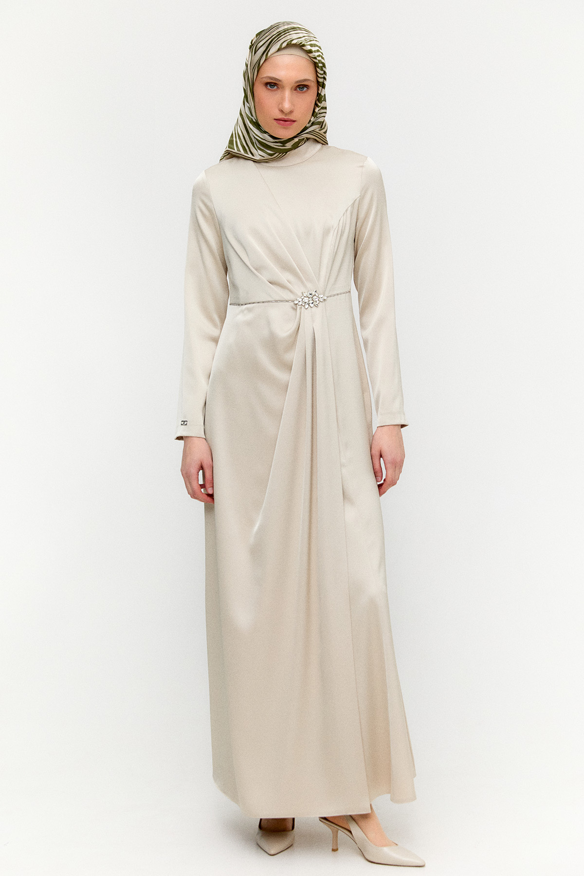 Drapeli Taşlı Saten Elbise, Tesettür Giyim