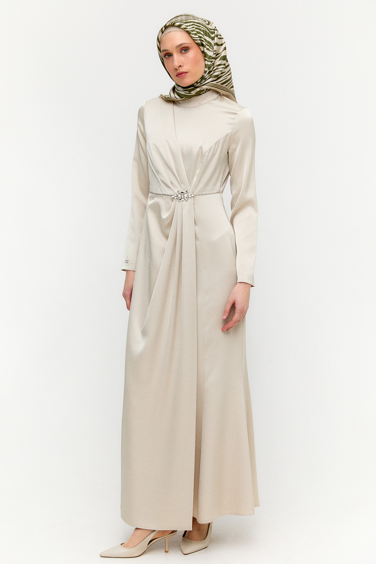 Drapeli Taşlı Saten Elbise, Tesettür Giyim