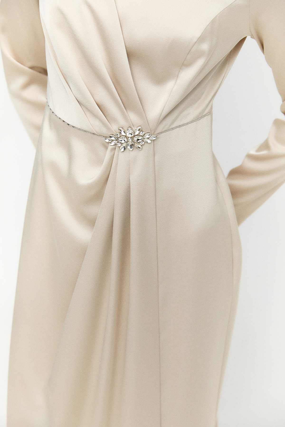 Drapeli Taşlı Saten Elbise, Tesettür Giyim