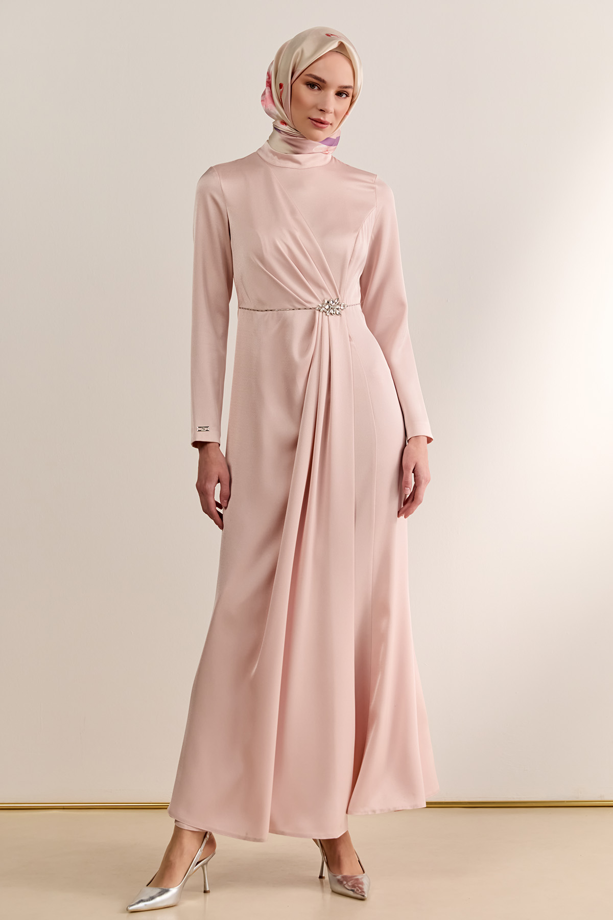 Drapeli Taşlı Saten Elbise, Tesettür Giyim