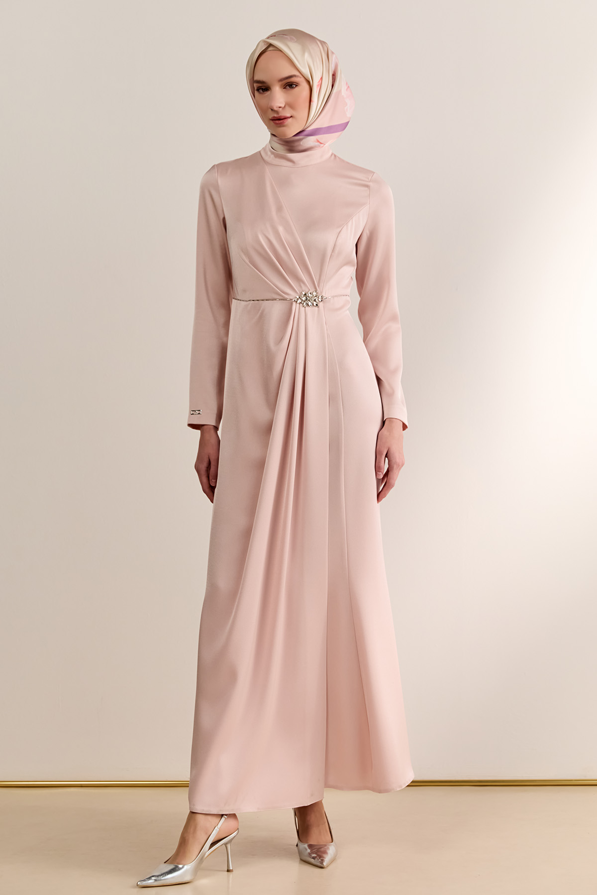 Drapeli Taşlı Saten Elbise, Tesettür Giyim