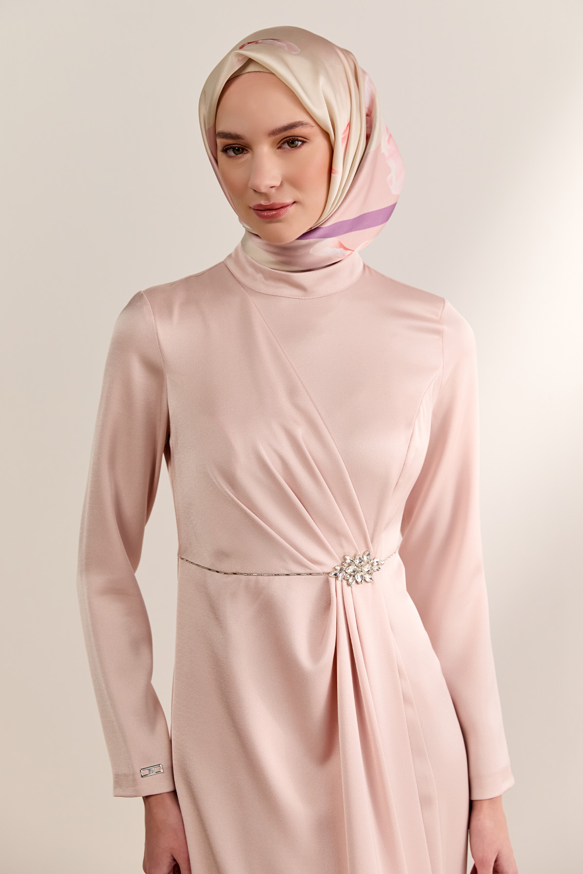 Drapeli Taşlı Saten Elbise, Tesettür Giyim