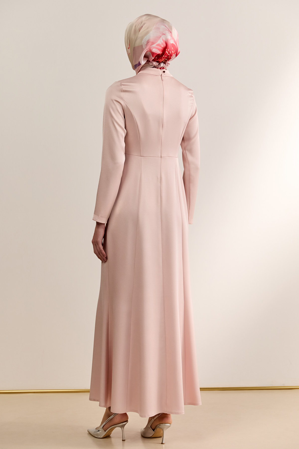 Drapeli Taşlı Saten Elbise, Tesettür Giyim