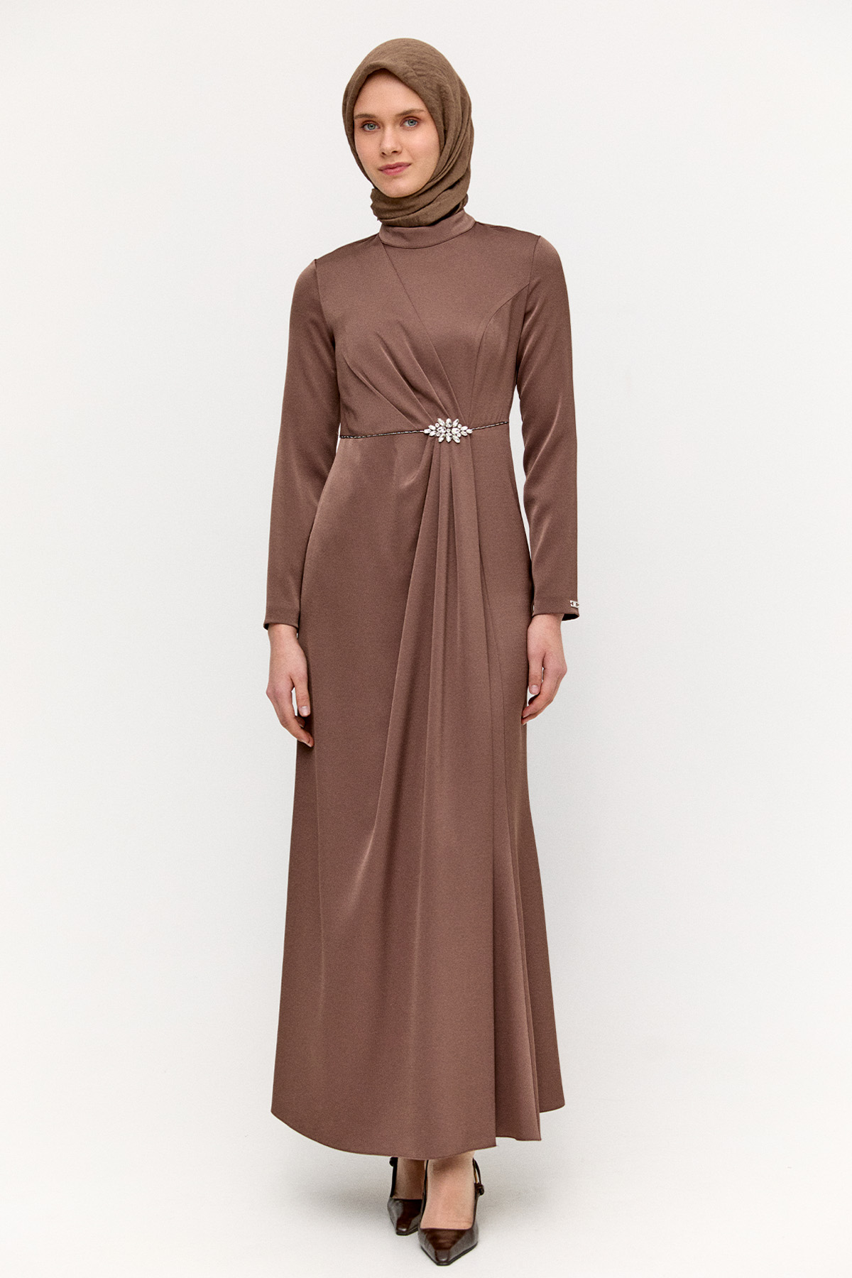 Drapeli Taşlı Saten Elbise, Tesettür Giyim