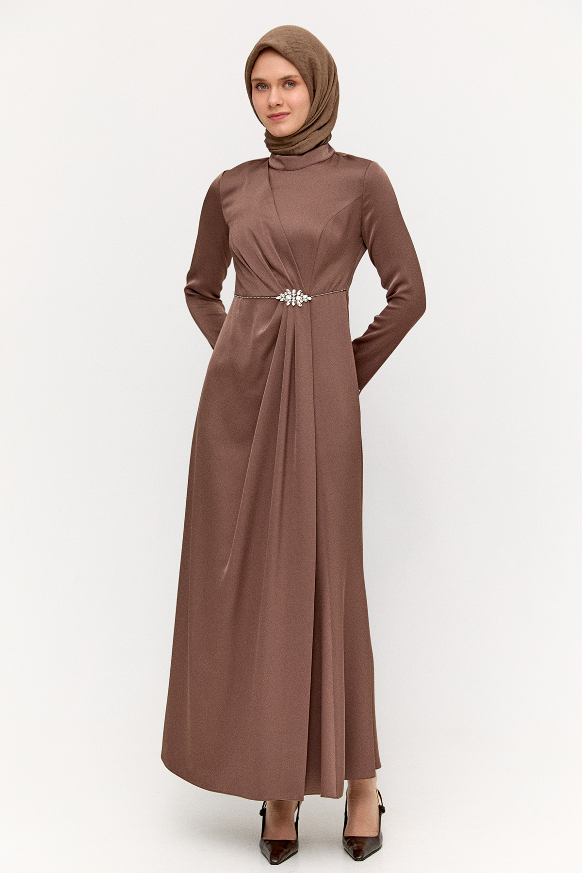 Drapeli Taşlı Saten Elbise, Tesettür Giyim