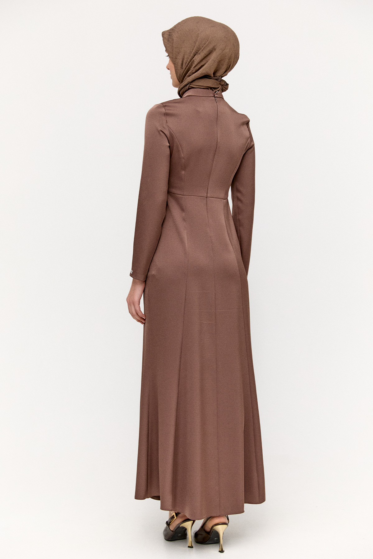 Drapeli Taşlı Saten Elbise, Tesettür Giyim