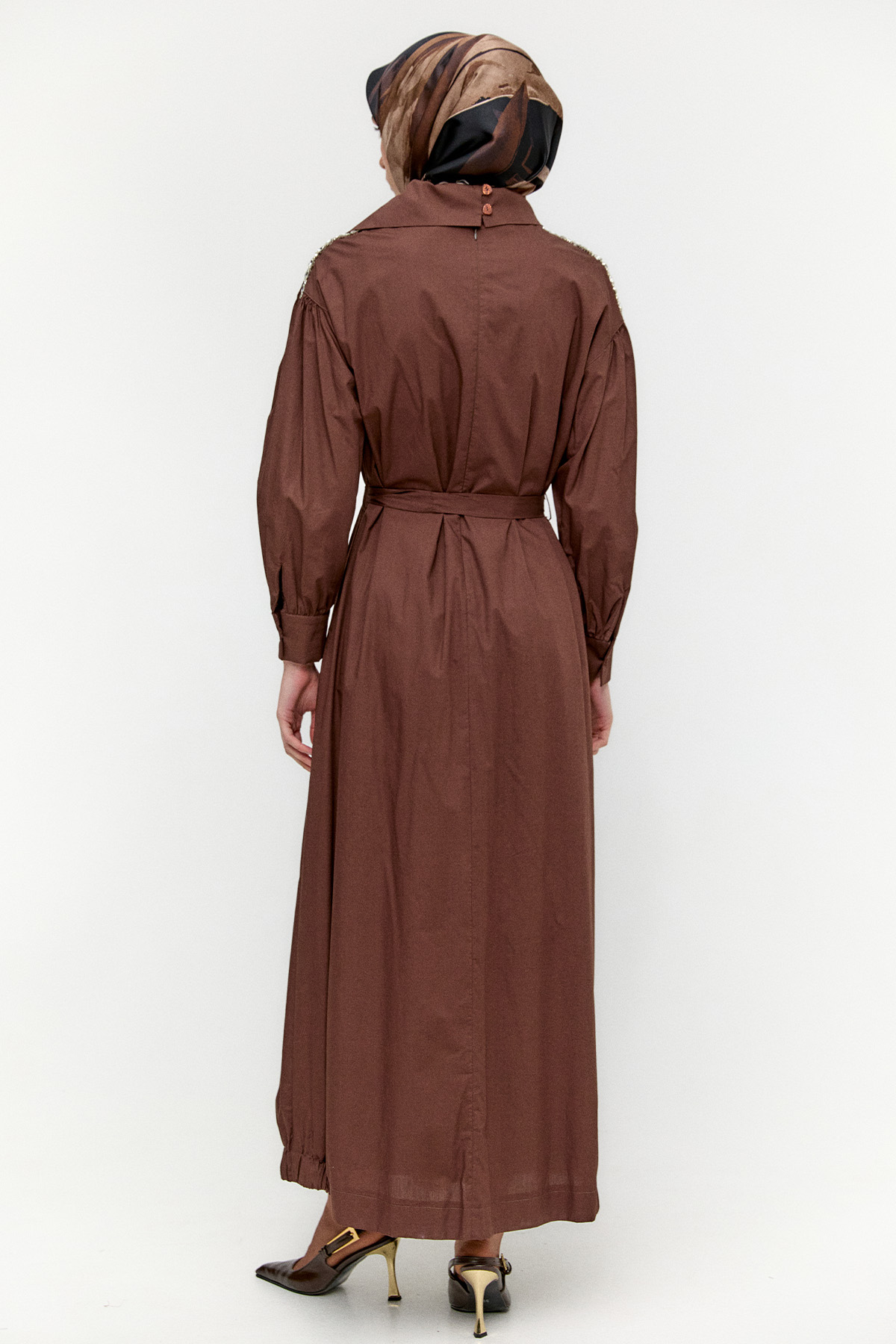 Mendil Yakalı Kuşaklı Pamuk Elbise, Tesettür Giyim