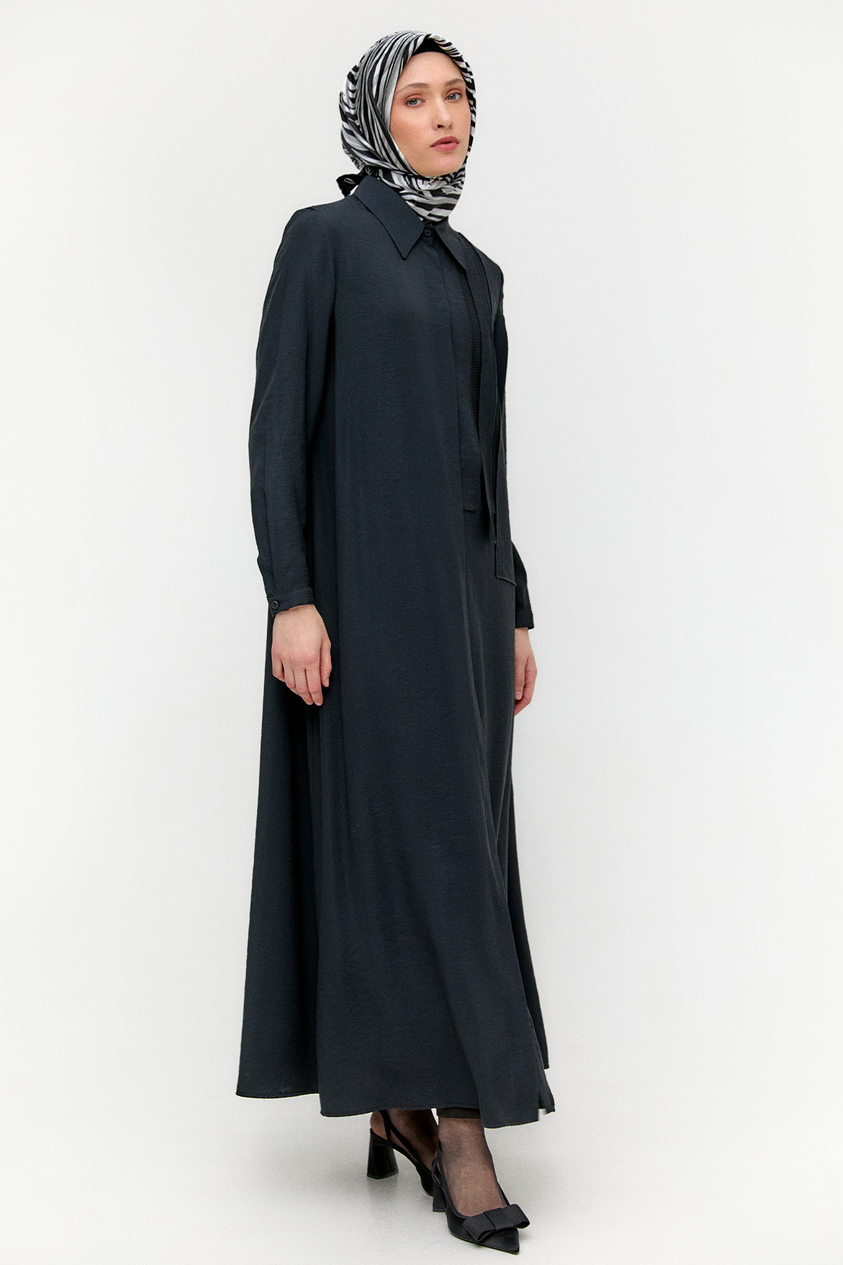 Mendil Yakalı Kuşaklı Pamuk Elbise, Tesettür Giyim