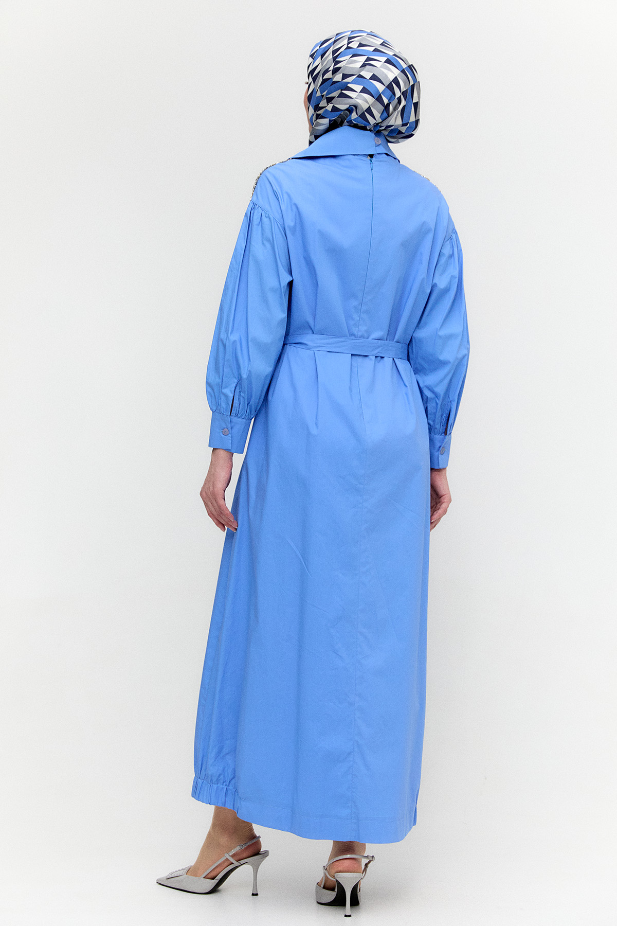 Mendil Yakalı Kuşaklı Pamuk Elbise, Tesettür Giyim