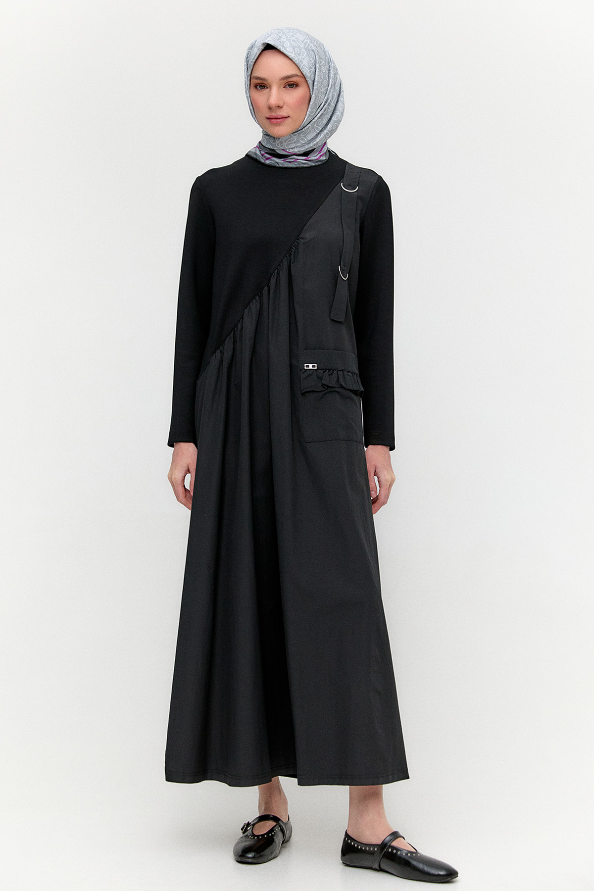 Paraşüt Kumaş Garnili Uzun Elbise, Tesettür Giyim