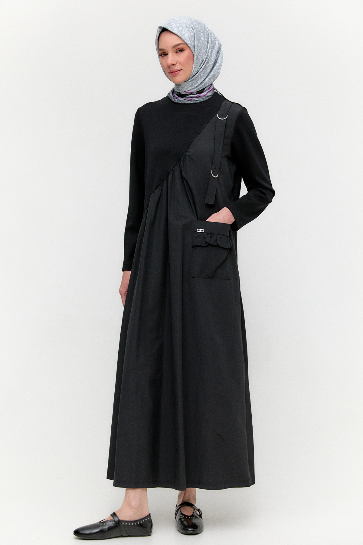 Paraşüt Kumaş Garnili Uzun Elbise, Tesettür Giyim