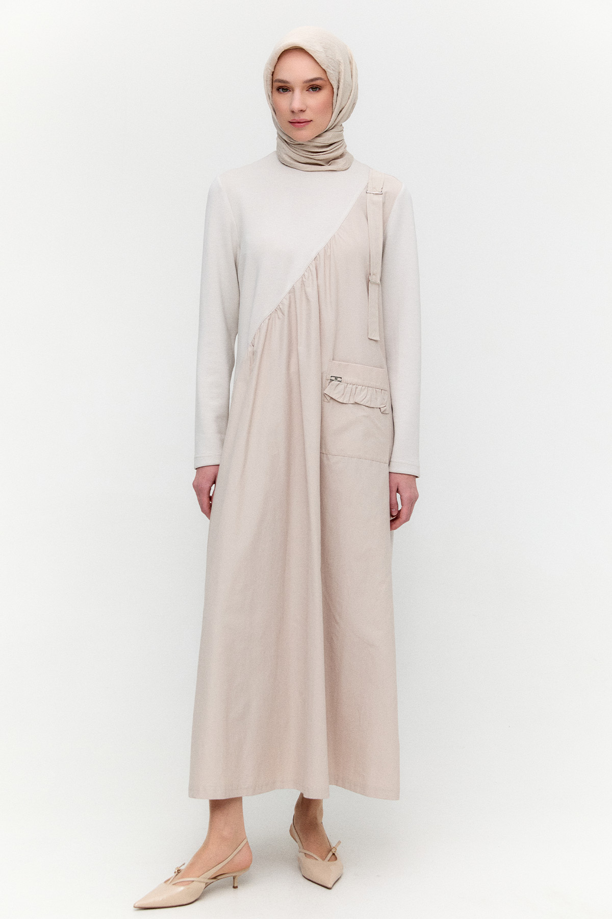 Paraşüt Kumaş Garnili Uzun Elbise, Tesettür Giyim