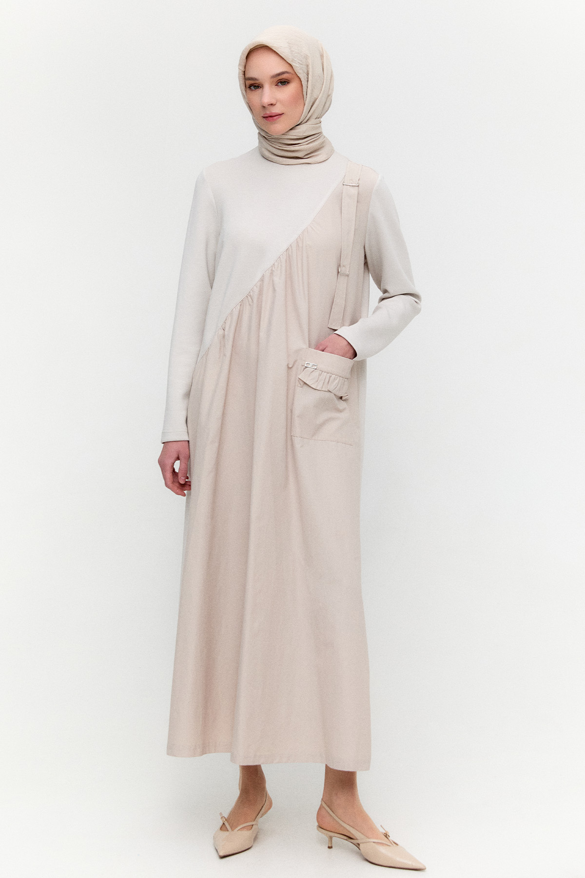 Paraşüt Kumaş Garnili Uzun Elbise, Tesettür Giyim