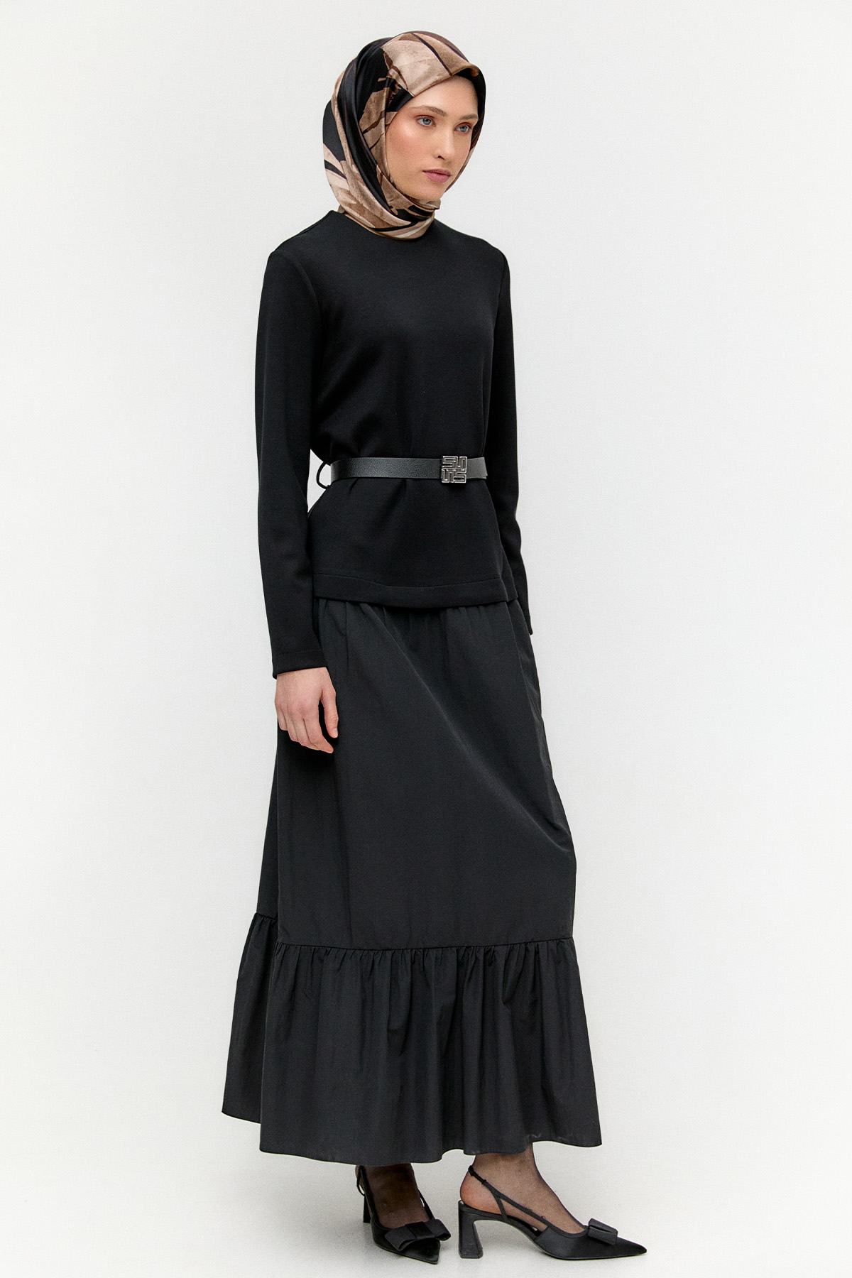 Logo Kemerli Büzgülü Elbise, Tesettür Giyim