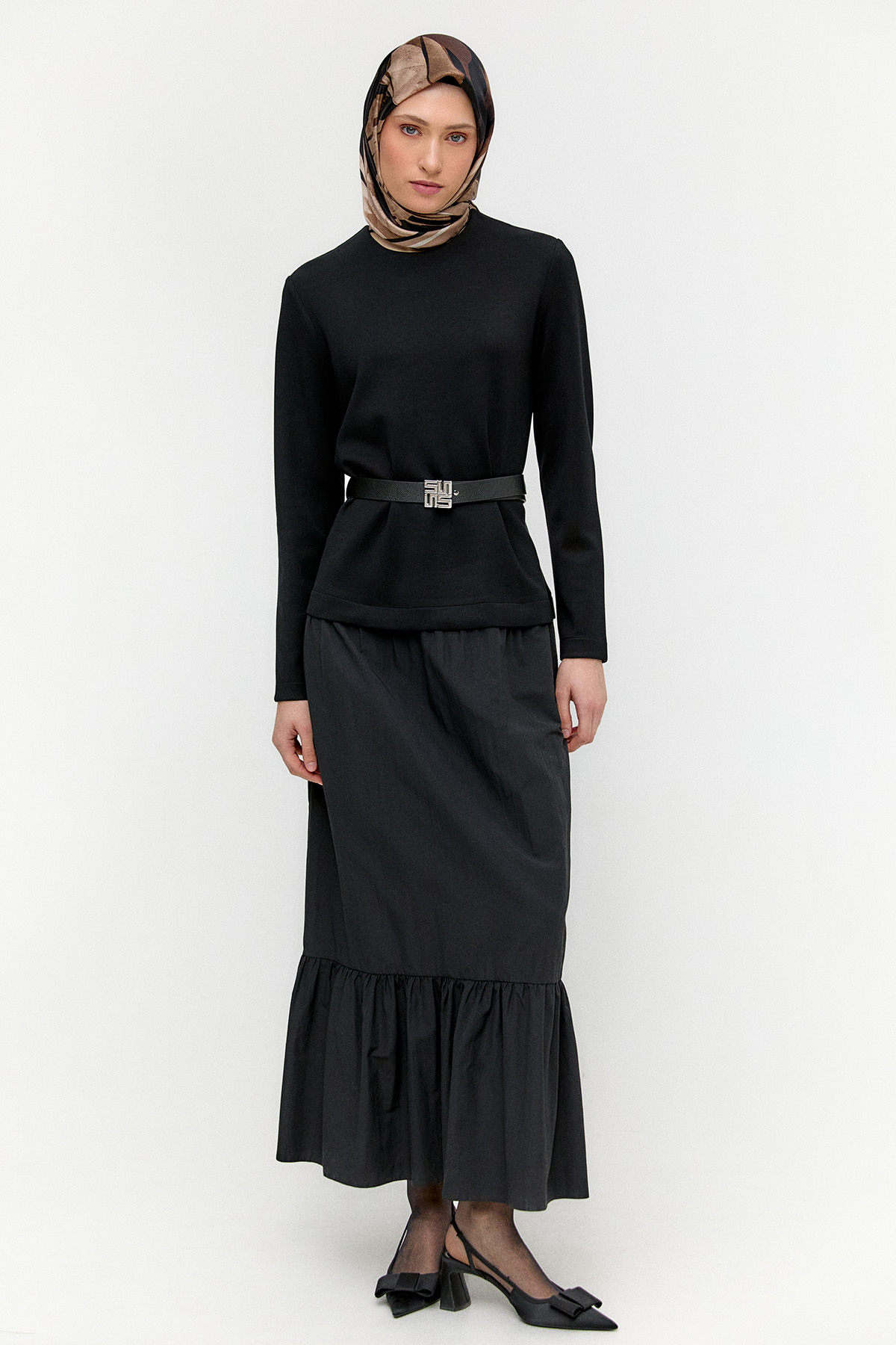Logo Kemerli Büzgülü Elbise, Tesettür Giyim