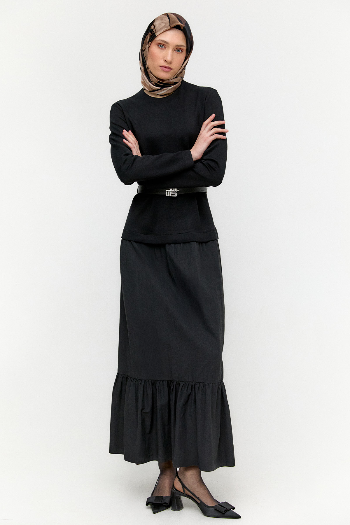 Logo Kemerli Büzgülü Elbise, Tesettür Giyim