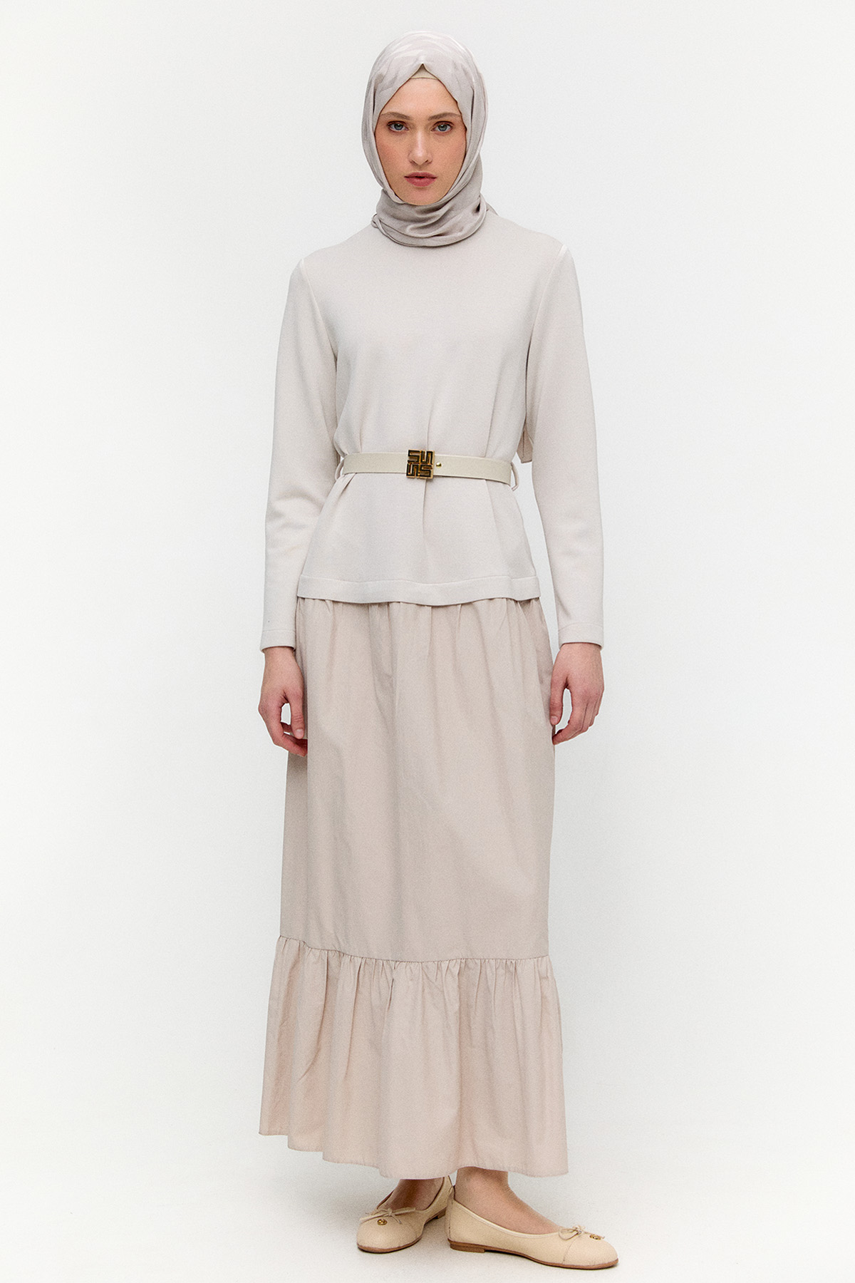 Logo Kemerli Büzgülü Elbise, Tesettür Giyim